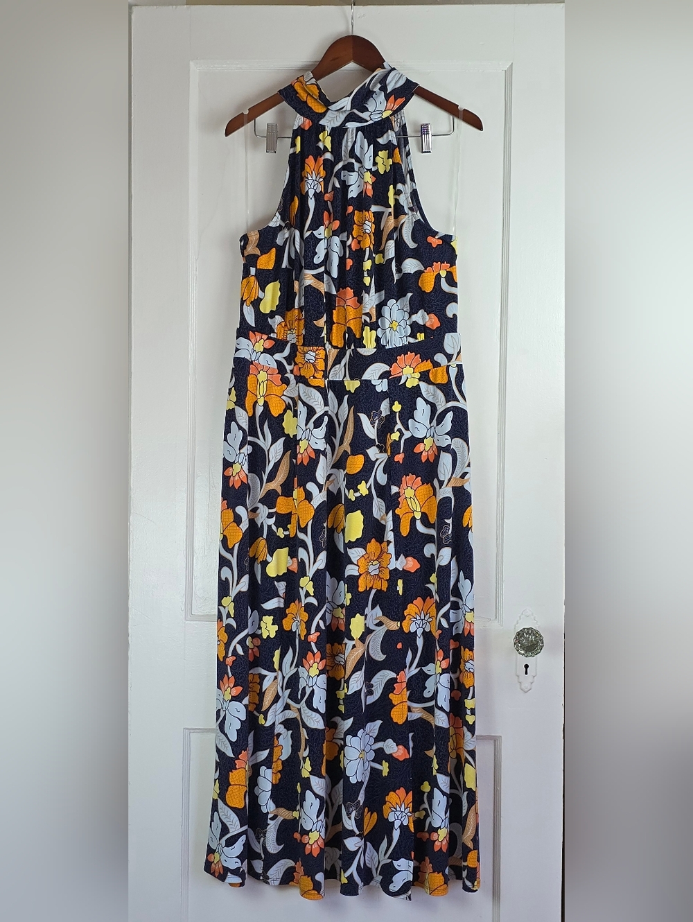 Lane Bryant Navy Floral Maxi Dress with Yellow & Orange Blooms